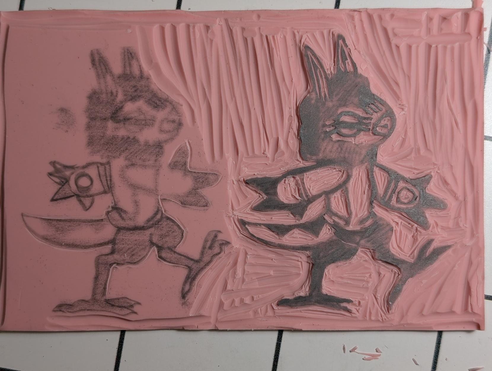 A wip linocut of a pair of ands marching along